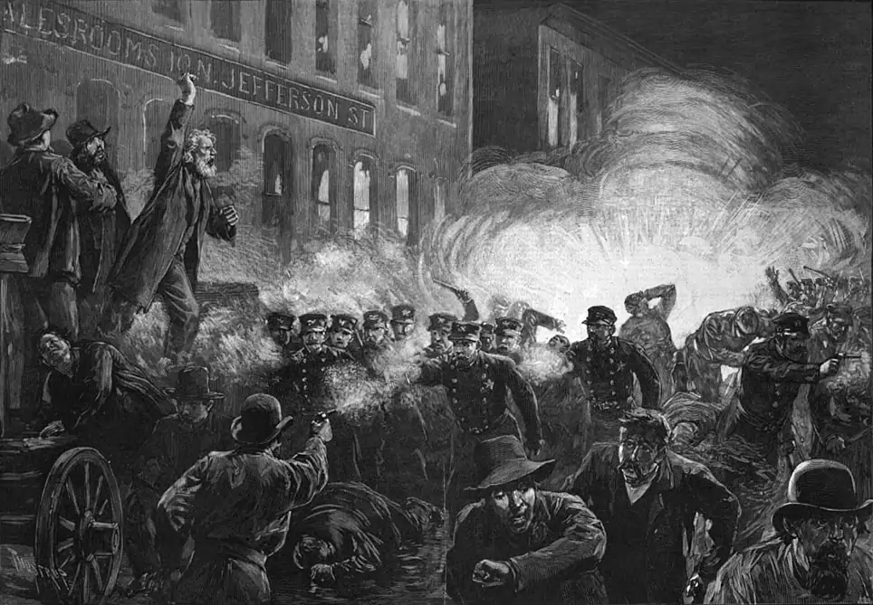 Quadro representando a imagem de um protesto de trabalhadores. O nome do quadro é: O Massacre de Haymarket em 1º de maio de 1886. 