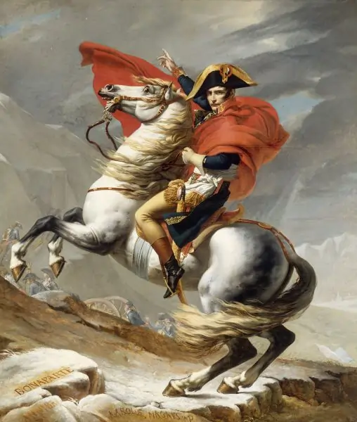 Pintura de Napoleão Bonaparte - Jacques-Louis David Imagem de cavalheiro em cima de cavalo em batalha.
