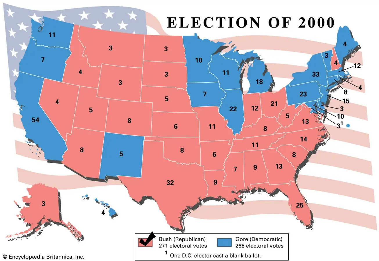 Resultados da eleição presidencial americana de 2000. Mapa eleitoral da eleição presidencial dos Estados Unidos da América de 2000