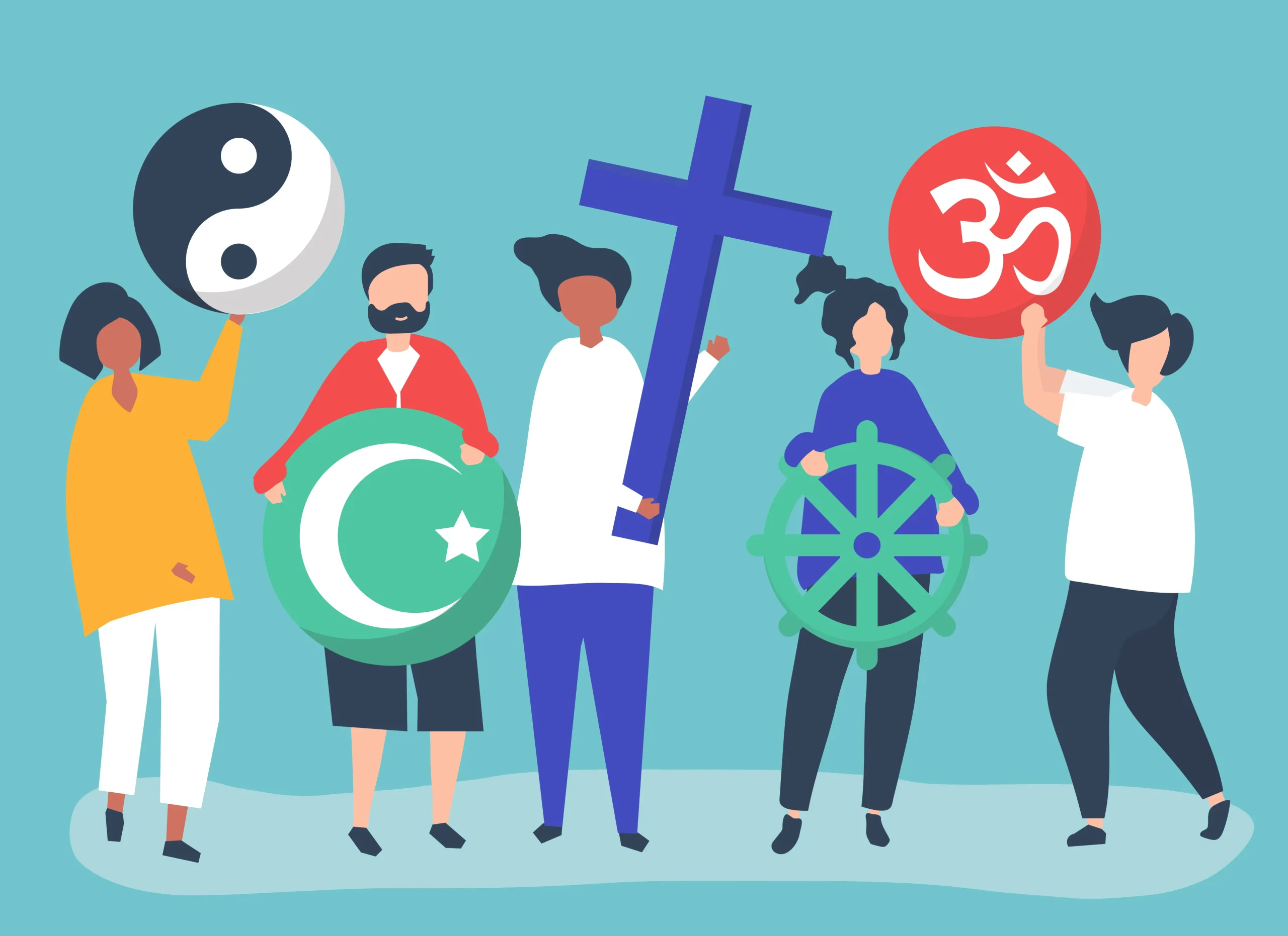 a imagem é uma ilustração de várias pessoas com símbolos de diferentes religiões. Há 5 religiões representadas: taoísmo, islamismo, cristianismo, budismo e hinduísmo