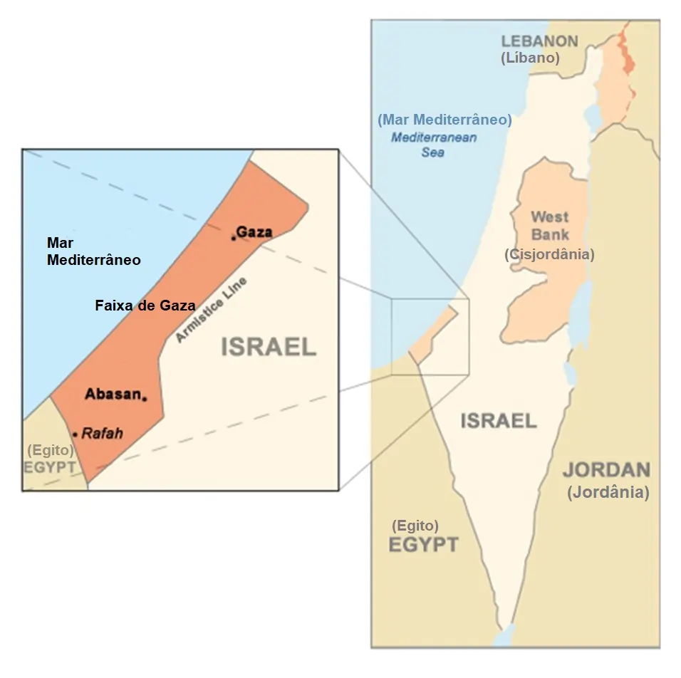 a imagem mostra uma ilustração de um mapa que mostra a localização da Faixa de Gaza, uma pequena região que faz fronteira com Israel e Egito.