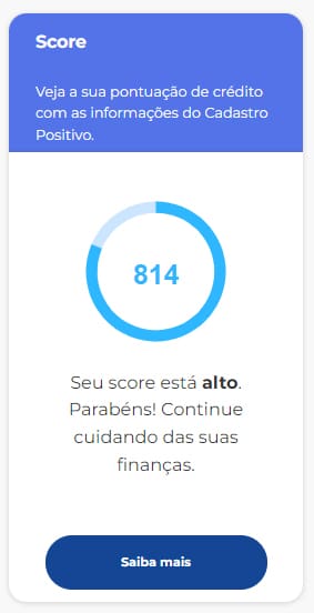 a imagem mostra o score, uma pontuação de crédito do Cadastro Positivo. Ele apresenta a pontuação de 814, considerada alta.