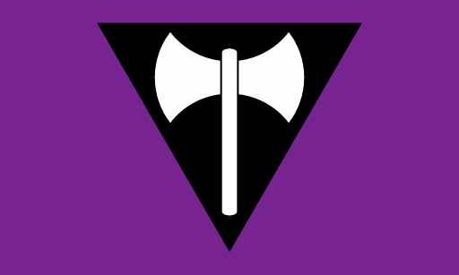 A imagem mostra o símbolo do orgulho lésbico, representado por um retângulo roxo com um triangulo negro de cabeça pra baixo no centro, dentro dele há um machado