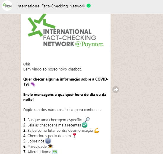 Print do chatbot de COVID-19 do IFCN