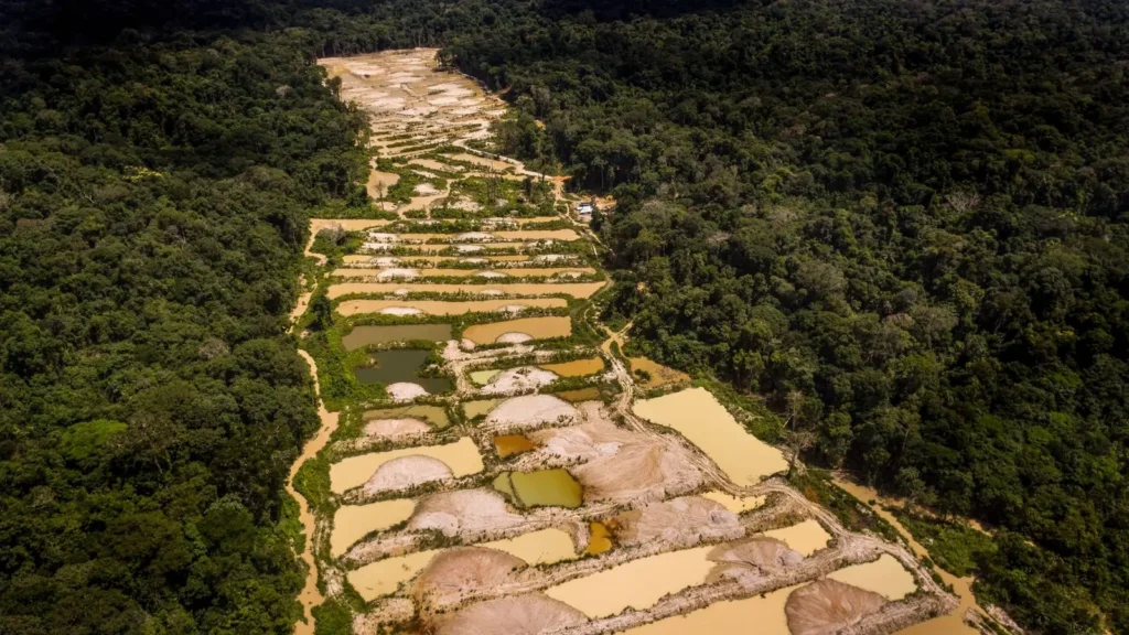 A imagem apresenta um rio devastado pelos efeitos do garimpo ilegal