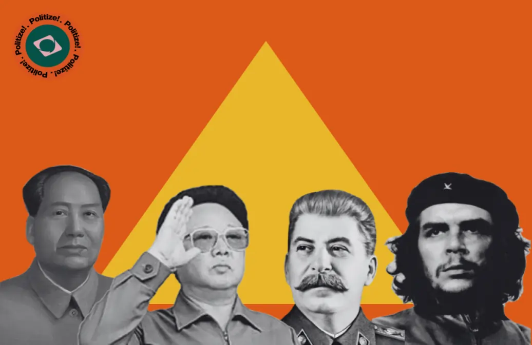 Um gráfico mostra Mao Zedong, Kim Jong-il, Joseph Stalin e Che Guevara em preto e branco, contra um fundo laranja com um triângulo amarelo. No canto esquerdo, há um pequeno logotipo com um círculo verde com o texto “Politize!” em torno de um livro estilizado e uma estrela. A imagem ilustra efetivamente figuras proeminentes da extrema esquerda dentro de vários espectros políticos.