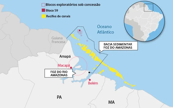 Exploração de petróleo na Bacia da Foz do Amazonas. Mapa mostrando localização do bloco 59, ao norte do amapá.