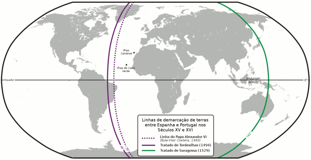 Mapa com as linhas do Tratado de Tordesilhas de 1494. Imagem: Lencer/ Wikimedia Commons (adaptação Info Escola).
