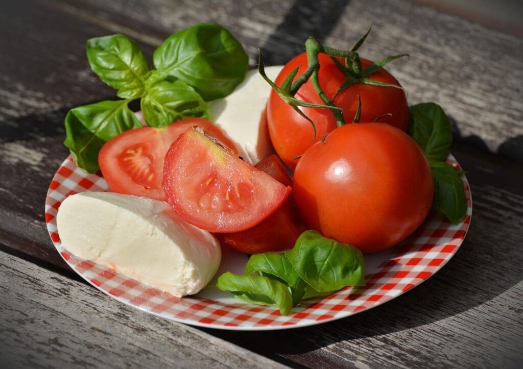 Imagem de um prato com tomates, queijo e manjericão para sinalizar o prato cheio, o programa Brasil Sem Fome