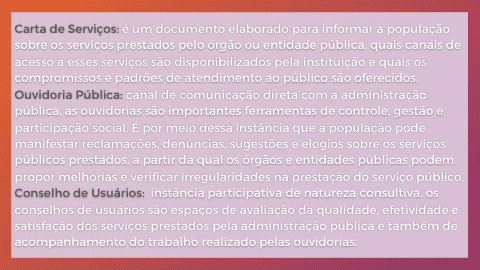 Tabela com explicações a respeito do que são cartas de serviços, ouvidorias públicas e conselhos de usuários