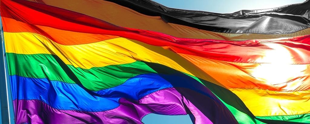 A imagem uma bandeira do orgulho LGBT acrescida de mais 2 cores, marrom e preto.